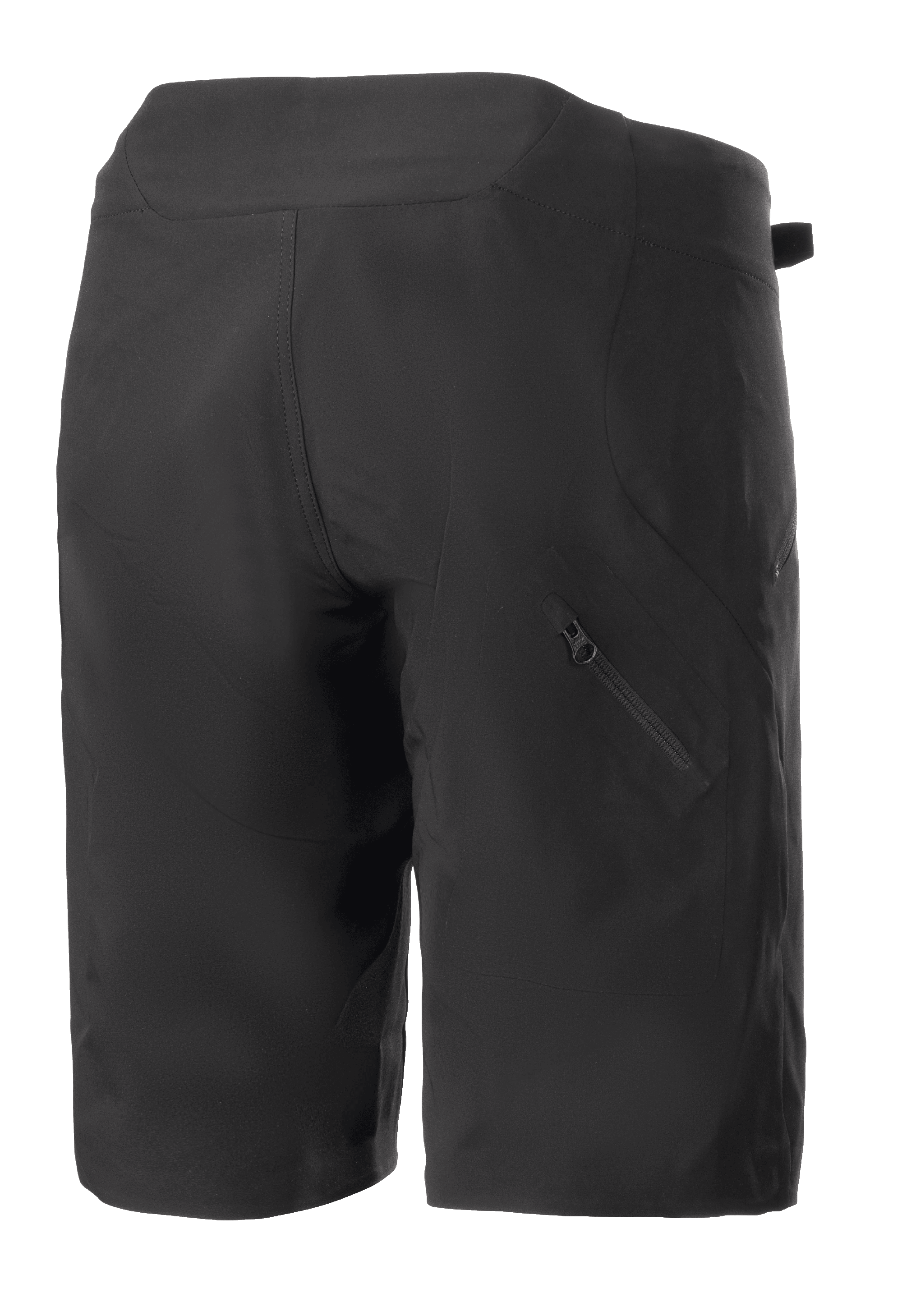 Alpinestars Stella Drop Algorithm shorts til kvinder, sort, mountainbike-shorts, set bagfra med tekniske paneler og diagonal lynlåslomme på højre ben, let og holdbart design til terrænkørsel