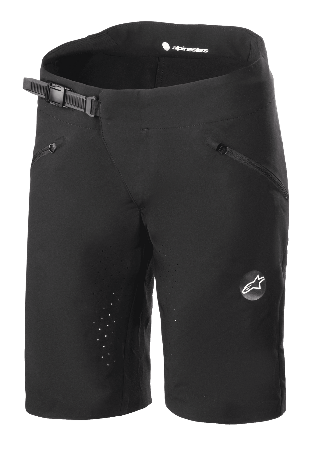 Alpinestars Stella Drop Algorithm shorts til damer, mountainbike-shorts, sort, skraldespænde i taljen, lynlåslommer foran, laserperforerede huller til ventilation, letvægts performance-materiale med Alpinestars-logo på benet