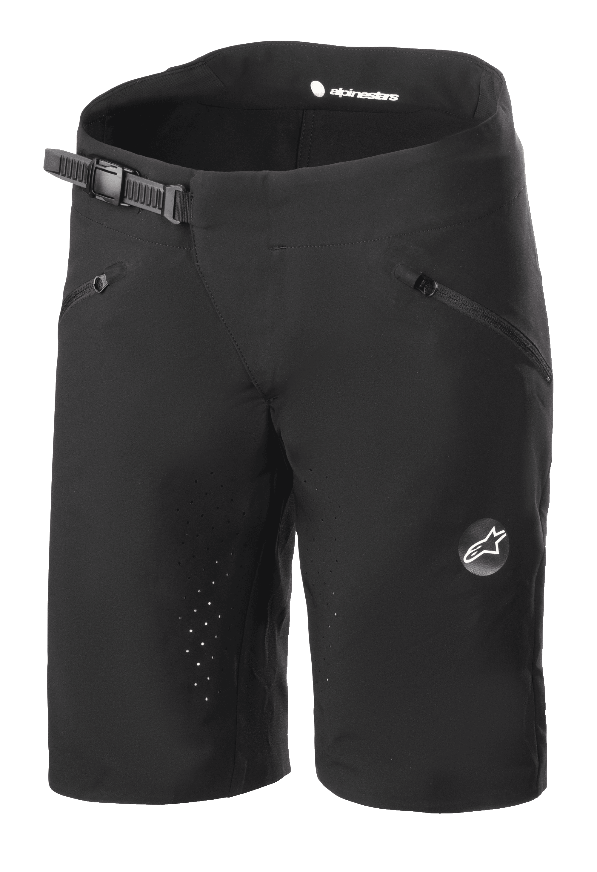 Alpinestars Stella Drop Algorithm shorts til damer, mountainbike-shorts, sort, skraldespænde i taljen, lynlåslommer foran, laserperforerede huller til ventilation, letvægts performance-materiale med Alpinestars-logo på benet
