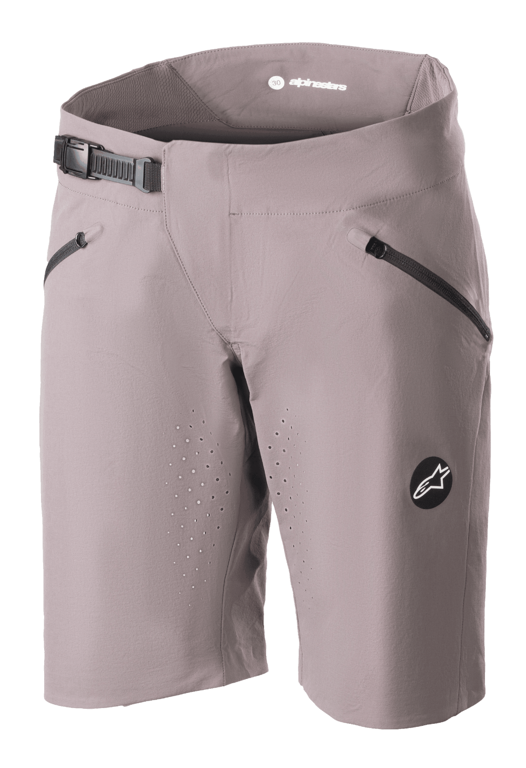 Alpinestars Stella Drop Algorithm shorts til kvinder, MTB-mountainbike-shorts, Sparrow Gray (grå), med sort skraldespænde i taljen, lynlåslommer foran, laserperforerede ventilationshuller og et rundt logo-emblem, performance-cykeludstyr