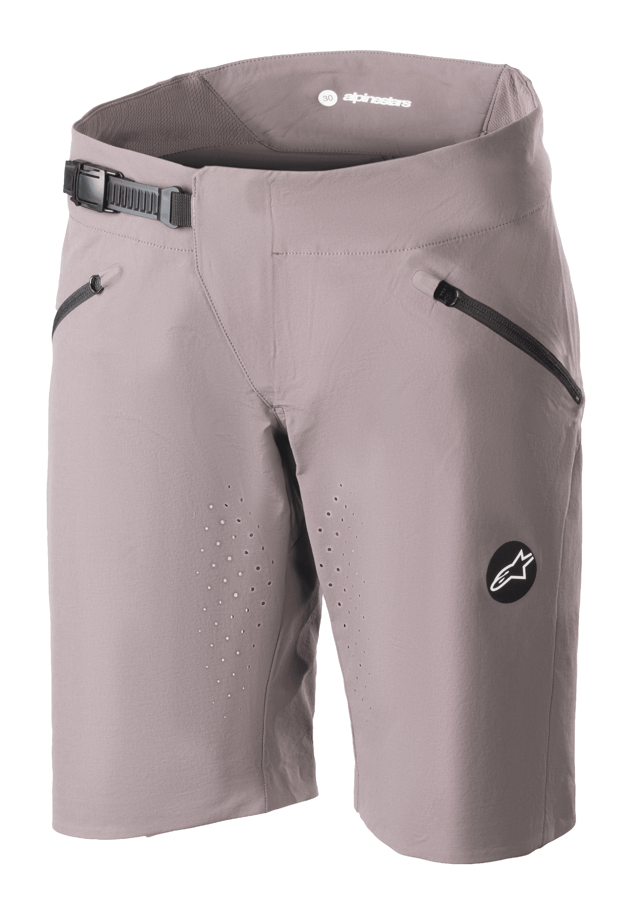 Alpinestars Stella Drop Algorithm shorts til kvinder, MTB-mountainbike-shorts, Sparrow Gray (grå), med sort skraldespænde i taljen, lynlåslommer foran, laserperforerede ventilationshuller og et rundt logo-emblem, performance-cykeludstyr