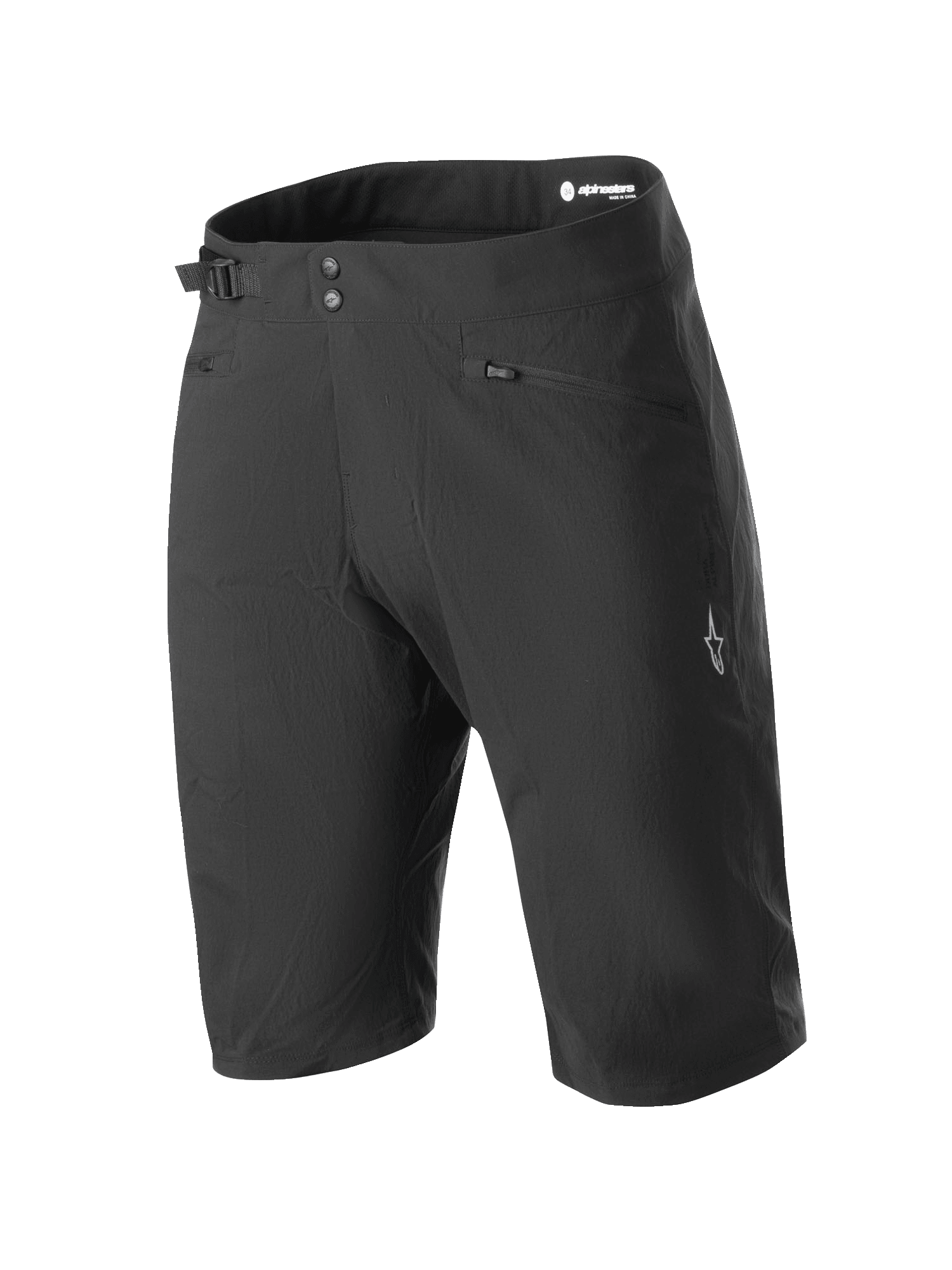 Alpinestars Stella A-Dura MTB-shorts til damer, sorte, med dobbelt trykknaplukning og taljejustering i siden, lynlåslommer, knælangt teknisk design i holdbart 2-vejs strækstof