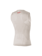 Alpinestars Tech Tank Summer, Silver and Red sleeveless base layer, rear view showing body-mapped mesh panels and a small red logo on the upper back, designed for moisture-wicking and cooling under motocross or MTB gear.