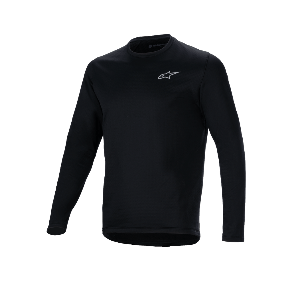 Alpinestars A-Dura Thermal Jersey, sort langærmet cykeltrøje, lille hvidt Alpinestars-logo på brystet, forlænget bagstykke for dækning af ryggen, isoleret fleeceforing til mountainbike i koldt vejr