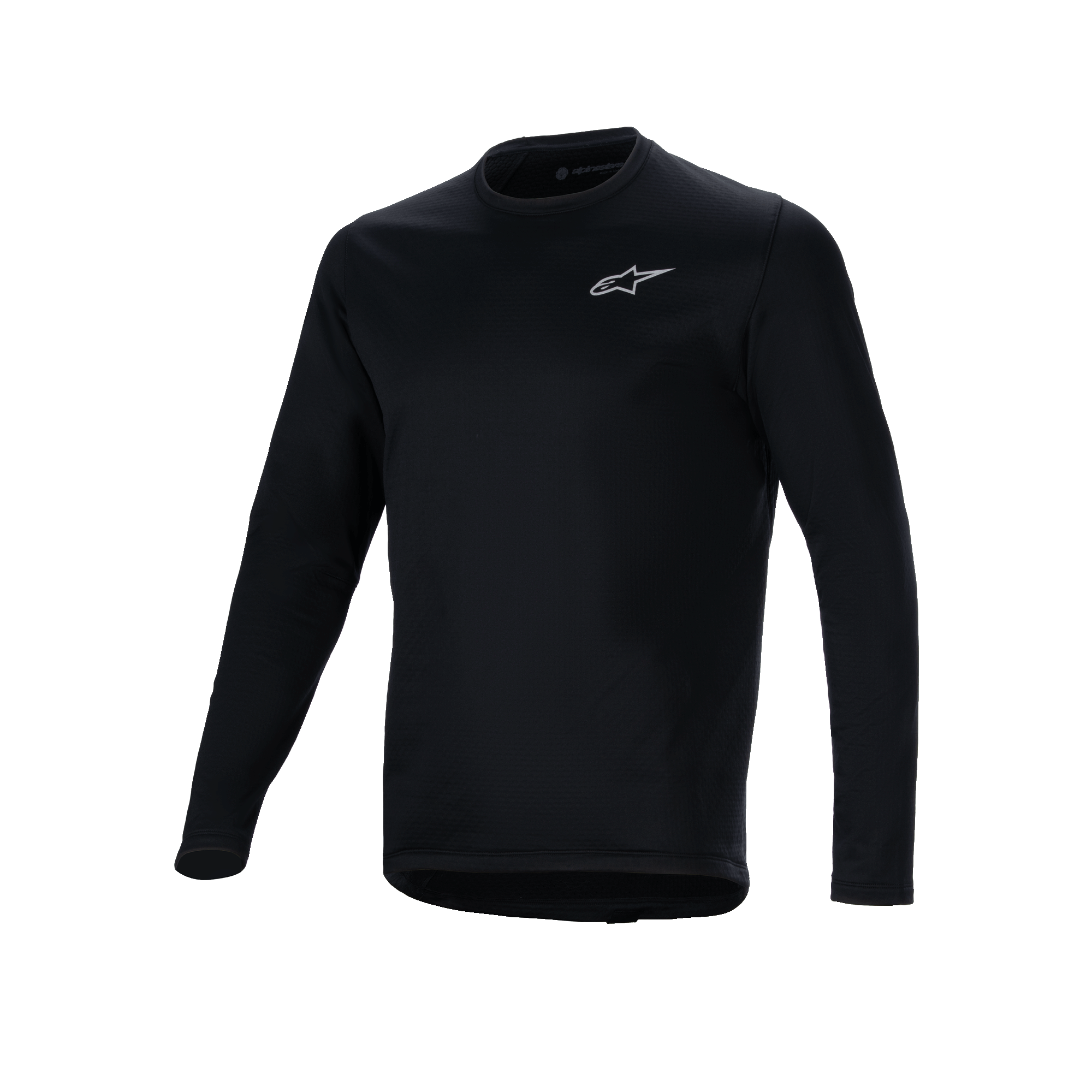 Alpinestars A-Dura Thermal Jersey, sort langærmet cykeltrøje, lille hvidt Alpinestars-logo på brystet, forlænget bagstykke for dækning af ryggen, isoleret fleeceforing til mountainbike i koldt vejr