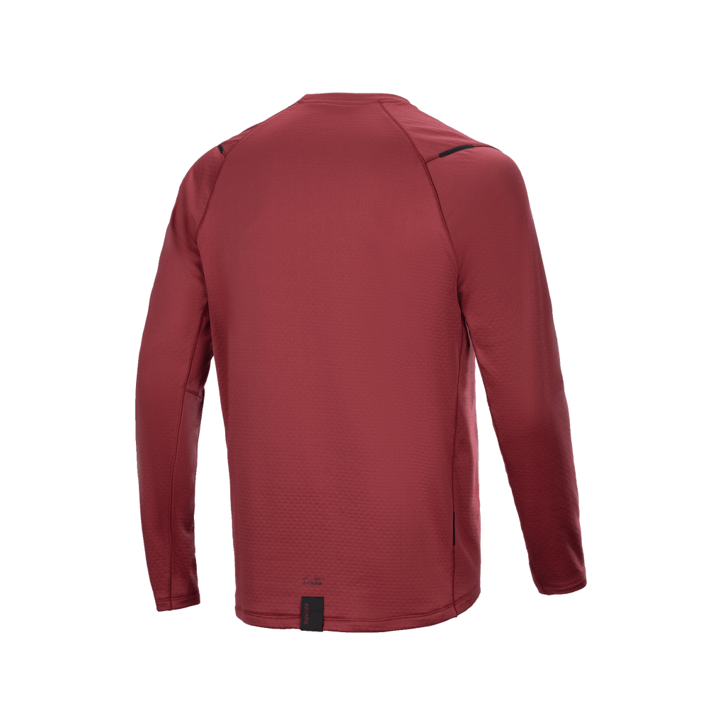 Alpinestars A-Dura Thermal Jersey, langærmet cykeltrøje, burgundy, set bagfra med forlænget rygstykke for dækning, tekstureret isolerende termostof, minimalistisk branding ved sømmen