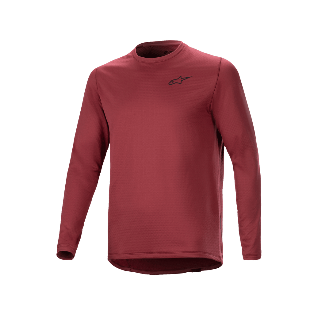 Alpinestars A-Dura Thermal Jersey, langærmet cykeltrøje, bordeaux, tekstureret isoleret stof med lille sort stjernelogo på brystet, forlænget drop tail-kant til MTB-kørsel