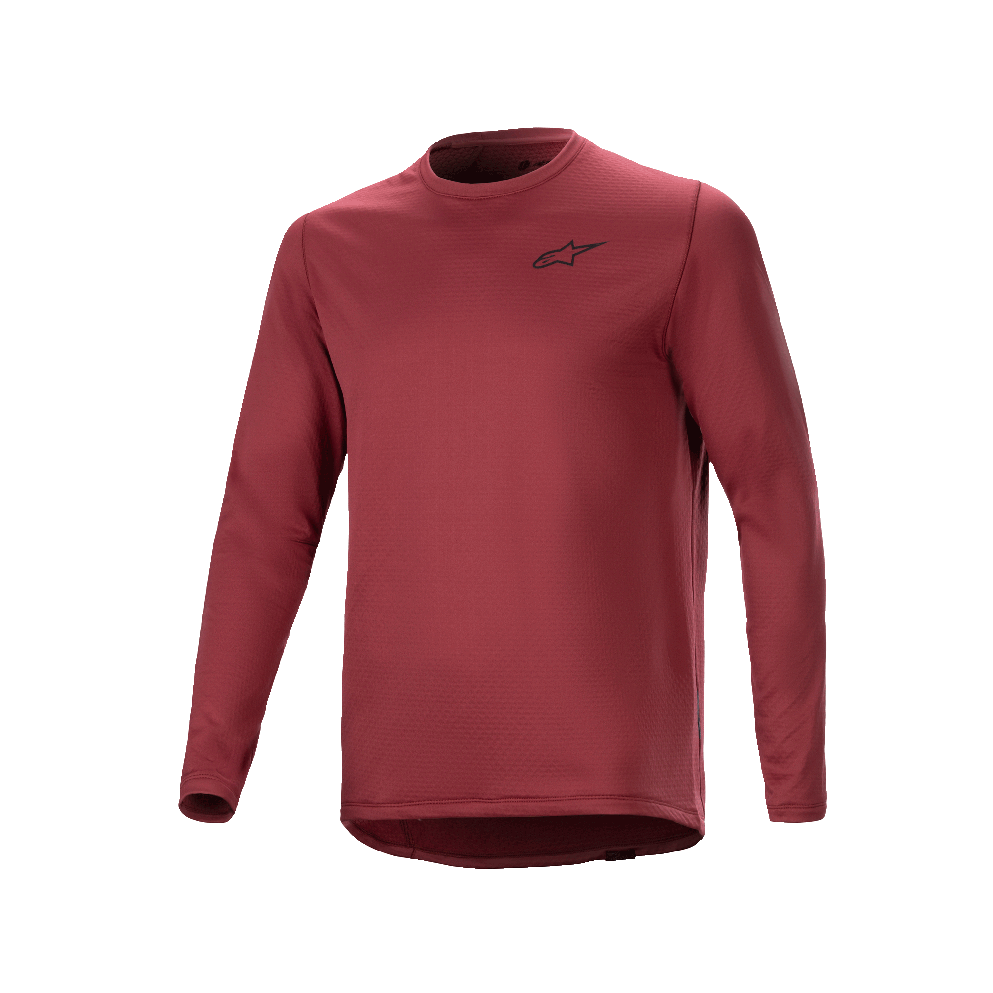 Alpinestars A-Dura Thermal Jersey, langærmet cykeltrøje, bordeaux, tekstureret isoleret stof med lille sort stjernelogo på brystet, forlænget drop tail-kant til MTB-kørsel