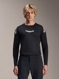 Alpinestars A-Aria Polartec Elite Jersey, Long Sleeve MTB Jersey, Black, featuring white 'astars' chest logo and white shoulder graphics, performance cycling gear worn by a model