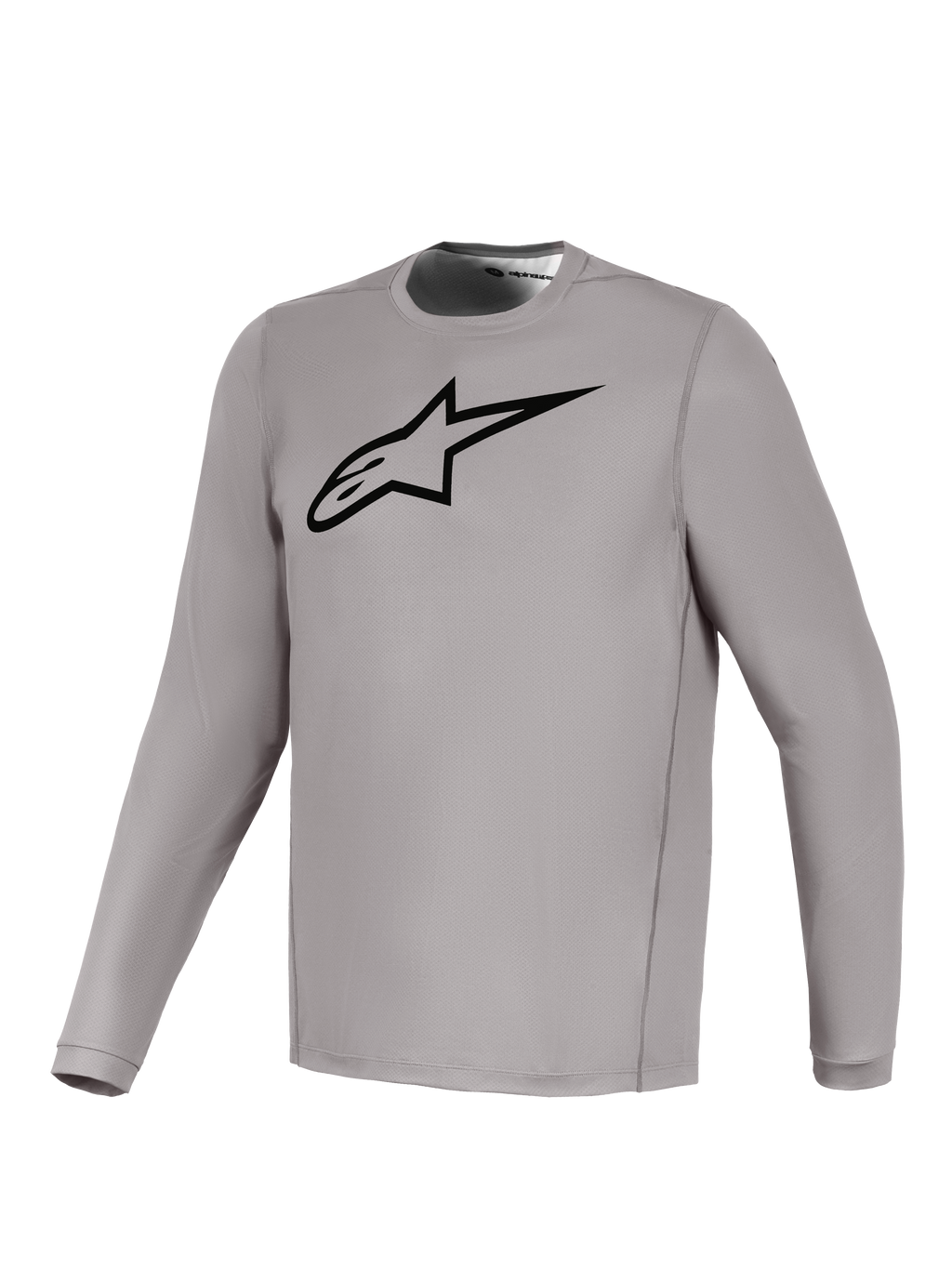 Alpinestars grå A-Dura Ride langærmet trøje med sort brystlogo, åndbart strækstof til mountainbike.