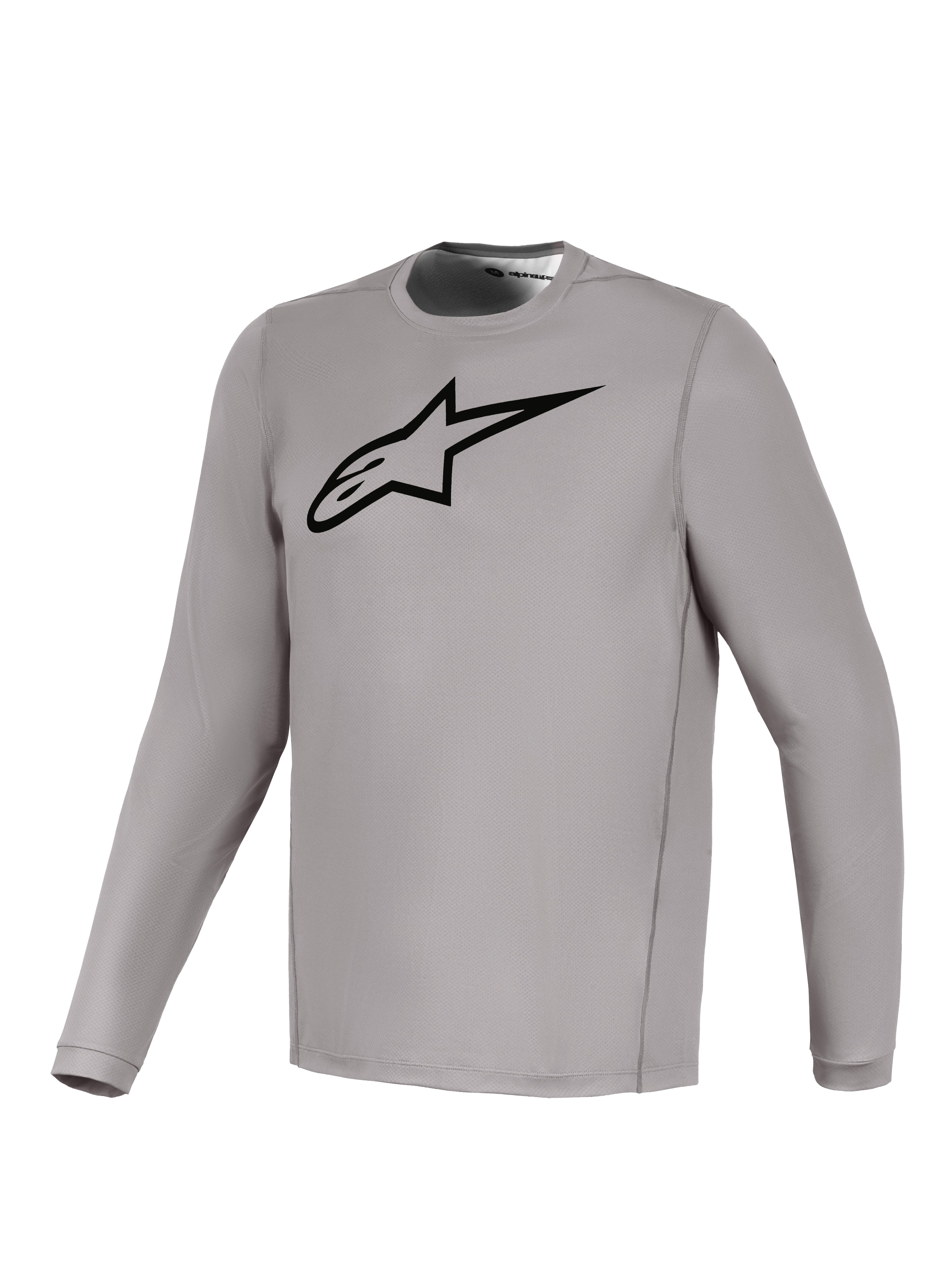 Alpinestars grå A-Dura Ride langærmet trøje med sort brystlogo, åndbart strækstof til mountainbike.