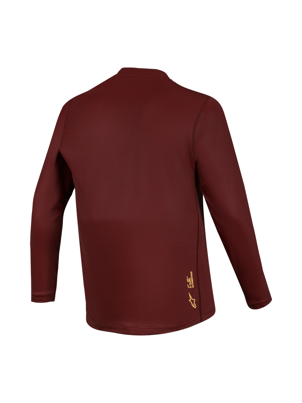 Alpinestars A-Dura Ride langærmet trøje i bordeaux, jacquard-stof med gult logo på ryggen, mountainbike-beklædning.
