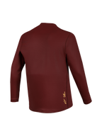 Alpinestars A-Dura Ride langærmet trøje i bordeaux, jacquard-stof med gult logo på ryggen, mountainbike-beklædning.