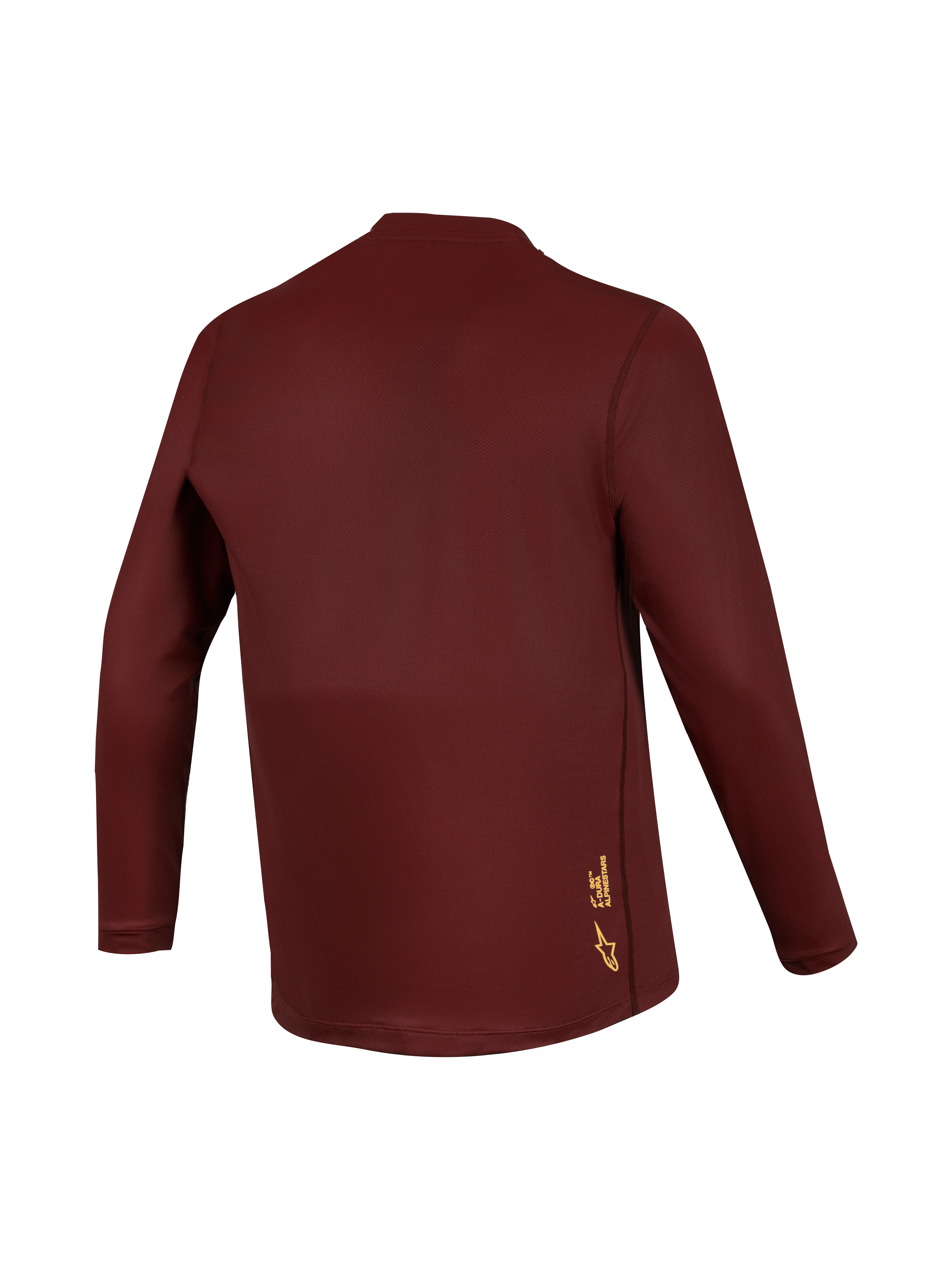 Alpinestars A-Dura Ride langærmet trøje i bordeaux, jacquard-stof med gult logo på ryggen, mountainbike-beklædning.