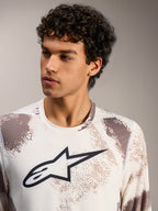 Alpinestars A-Dura Ride langærmet trøje i Sand Camo, performance MTB-top med markant sort logo på brystet.