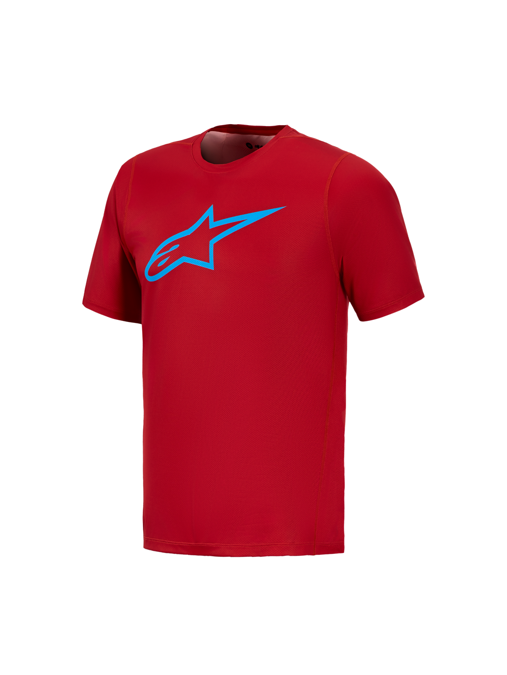 Alpinestars A-Dura Ride kortærmet trøje i rød med blåt Astars-logo på brystet, performance-jersey til mountainbike.
