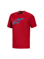Alpinestars A-Dura Ride kortærmet trøje i rød med blåt Astars-logo på brystet, performance-jersey til mountainbike.