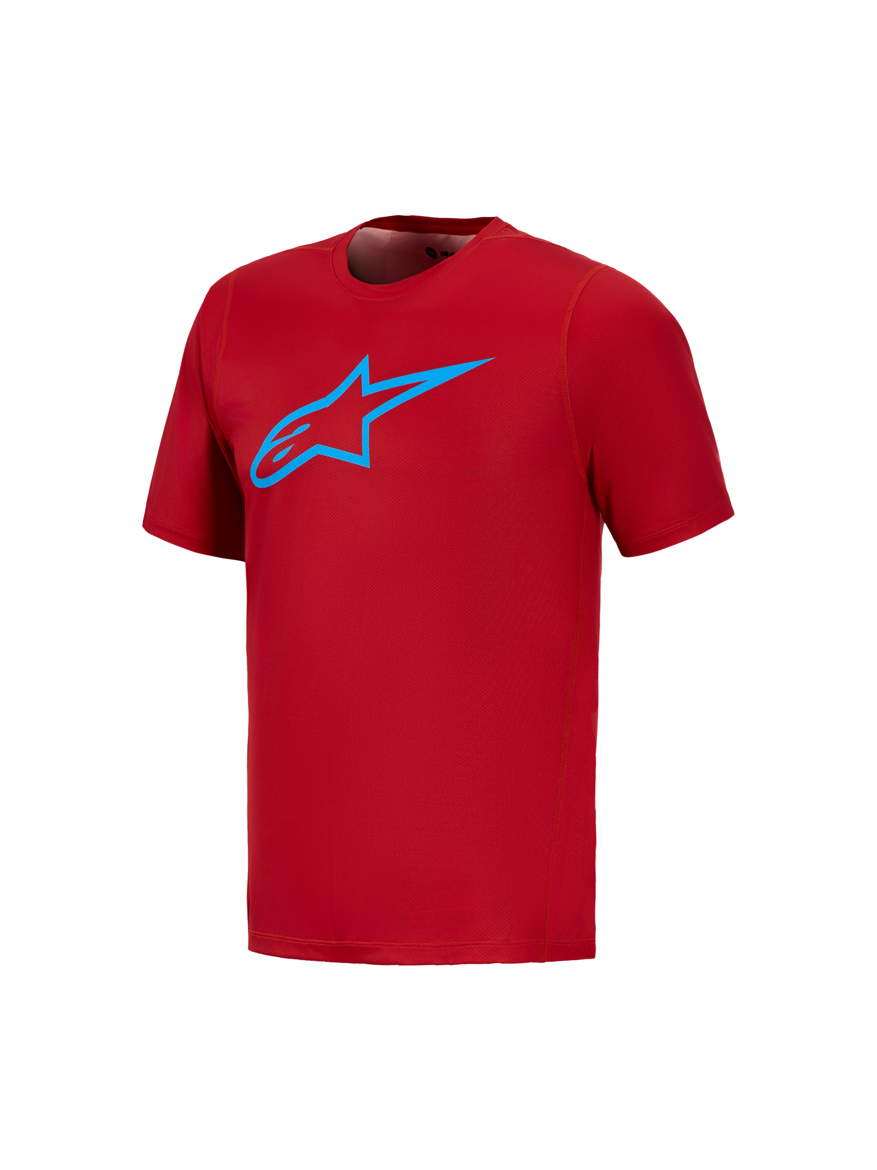 Alpinestars A-Dura Ride kortærmet trøje i rød med blåt Astars-logo på brystet, performance-jersey til mountainbike.