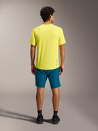Gul A-Dura Ride SS trøje og blågrønne A-Dura Ride shorts set bagfra, funktionelt MTB-performanceudstyr.