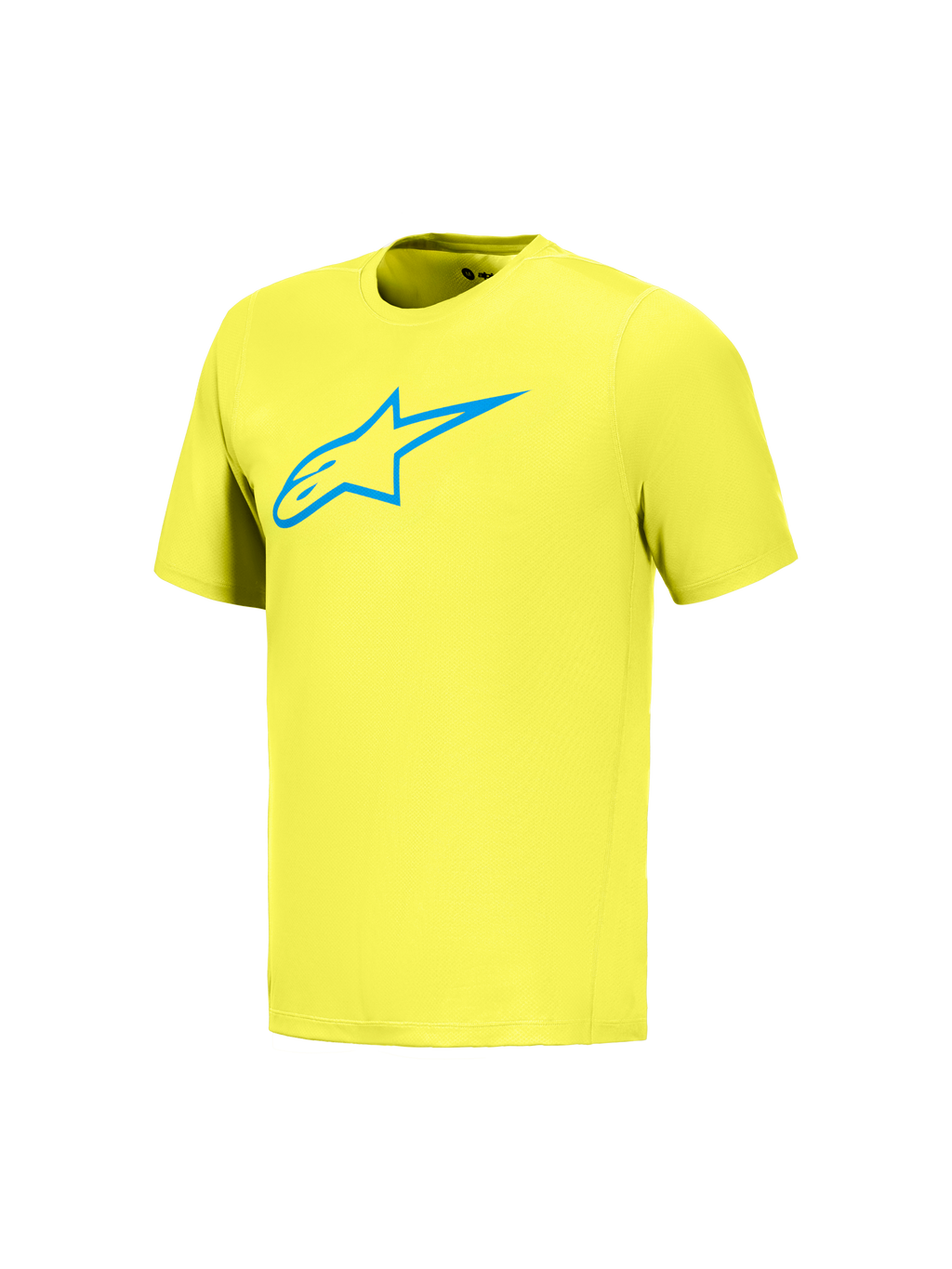 Alpinestars A-Dura Ride trøje i neongul med blåt Astars-logo, kortærmet MTB-trøje til mountainbike-kørsel