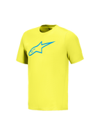 Alpinestars A-Dura Ride trøje i neongul med blåt Astars-logo, kortærmet MTB-trøje til mountainbike-kørsel