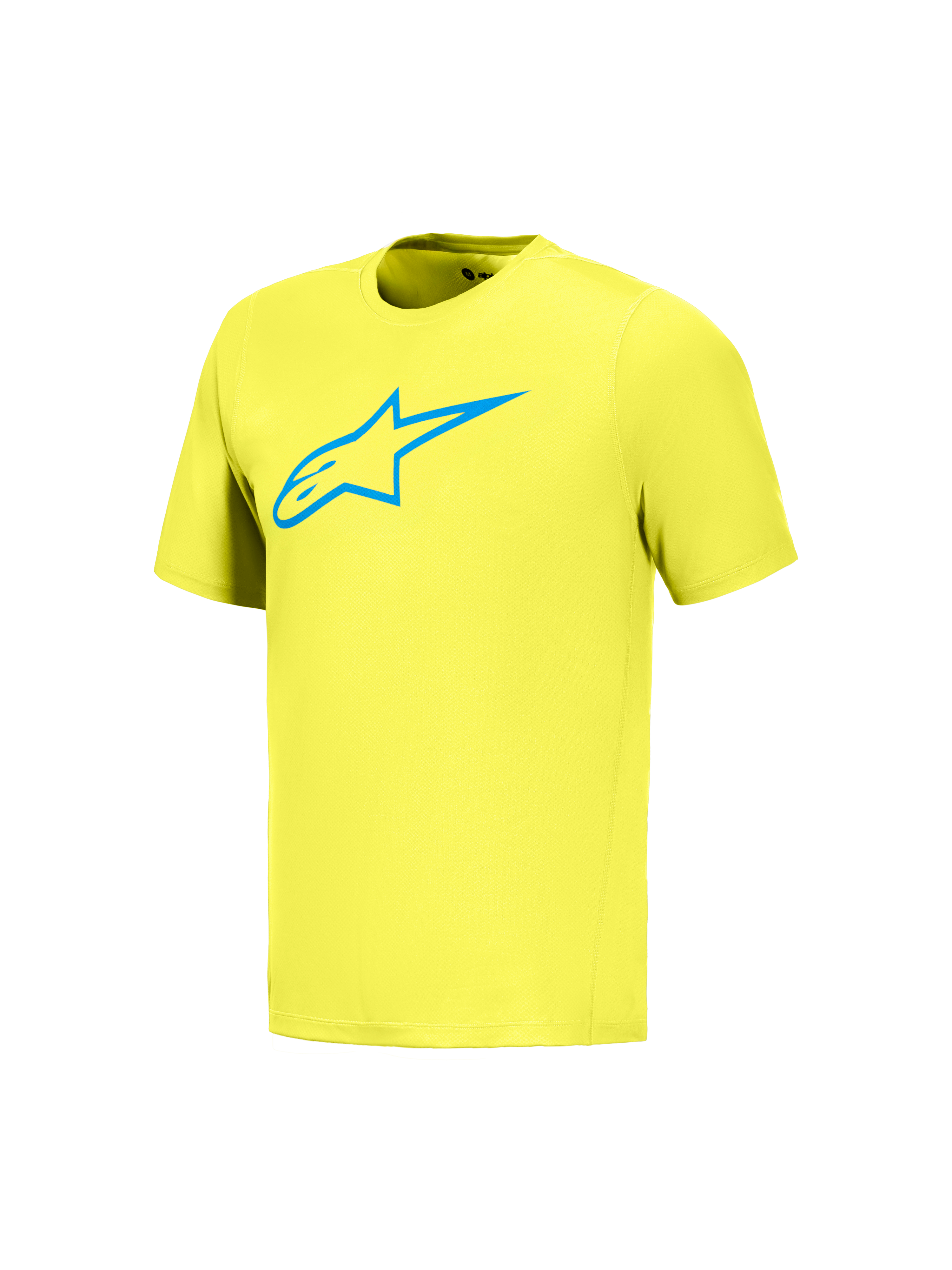 Alpinestars A-Dura Ride trøje i neongul med blåt Astars-logo, kortærmet MTB-trøje til mountainbike-kørsel