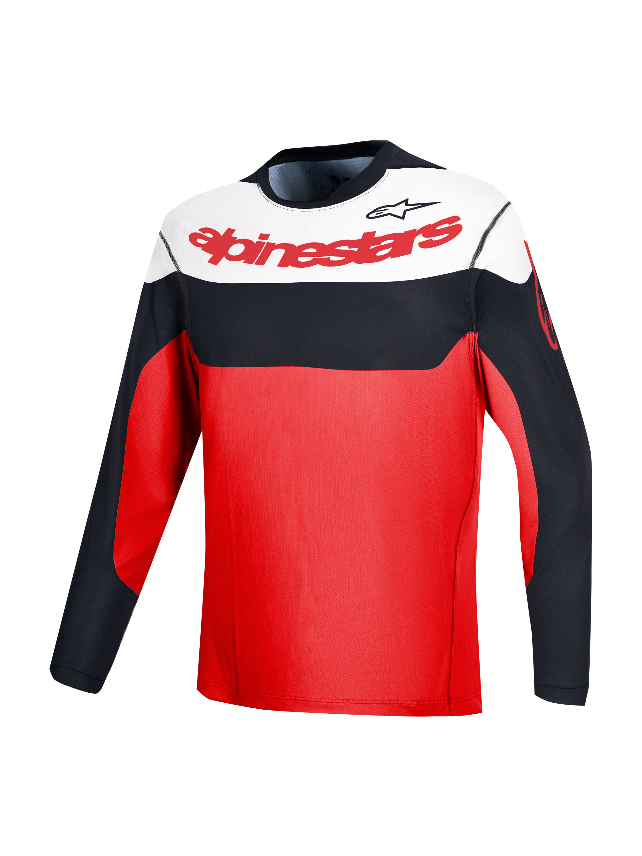 Rød A-Dura Race langærmet trøje med Alpinestars-logo og sort/hvid farveblokering til MTB.