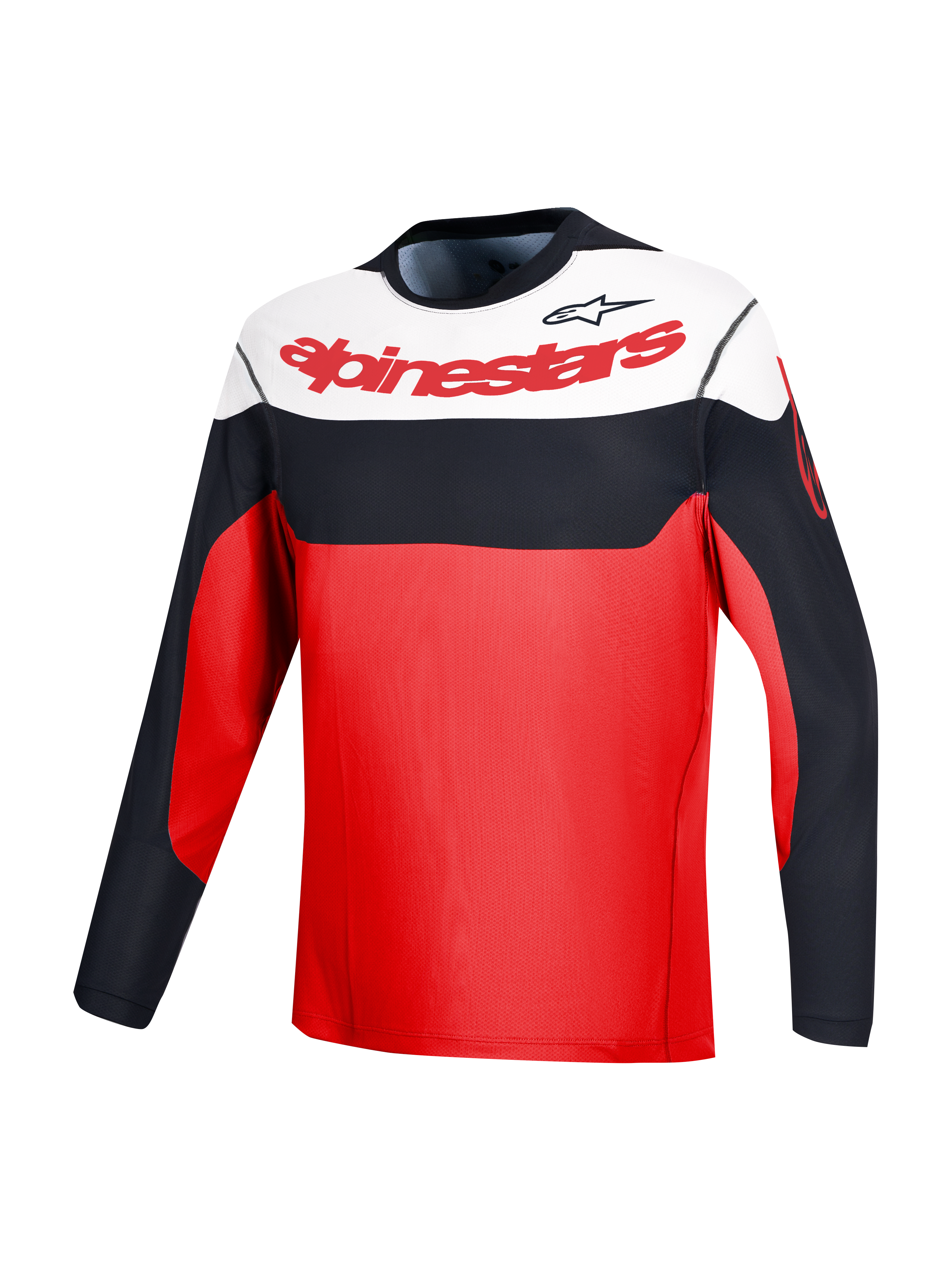 Rød A-Dura Race langærmet trøje med Alpinestars-logo og sort/hvid farveblokering til MTB.