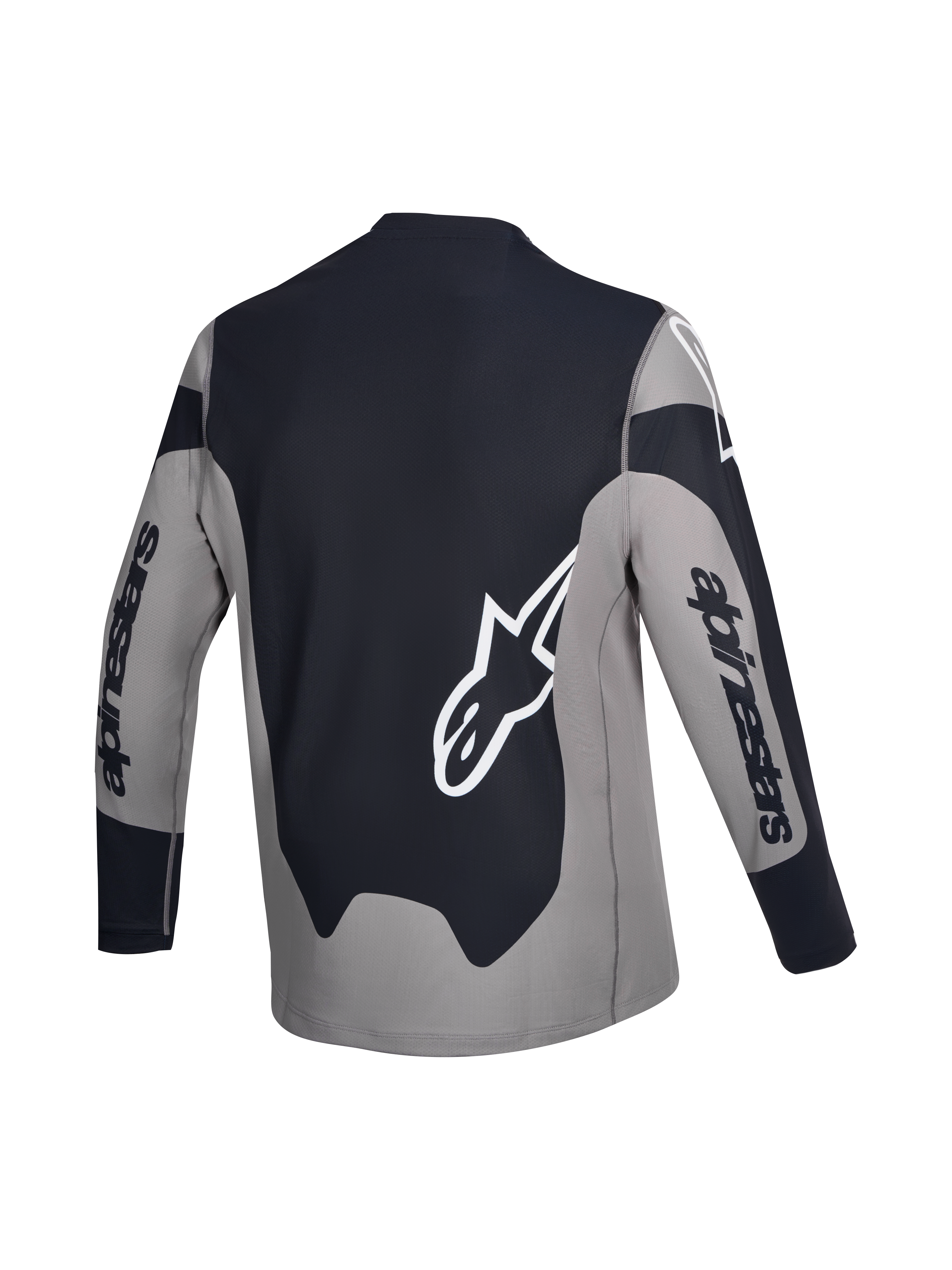 Alpinestars A-Dura Race Jersey, long-sleeve MTB cycling jersey, back view, gray and black with white logo graphics, lightweight recycled stretch fabric with a drop tail