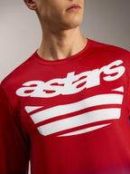 Alpinestars A-Dura ASTARS 2.0 langærmet MTB-trøje i rød med hvidt brystlogo og stribet grafik.