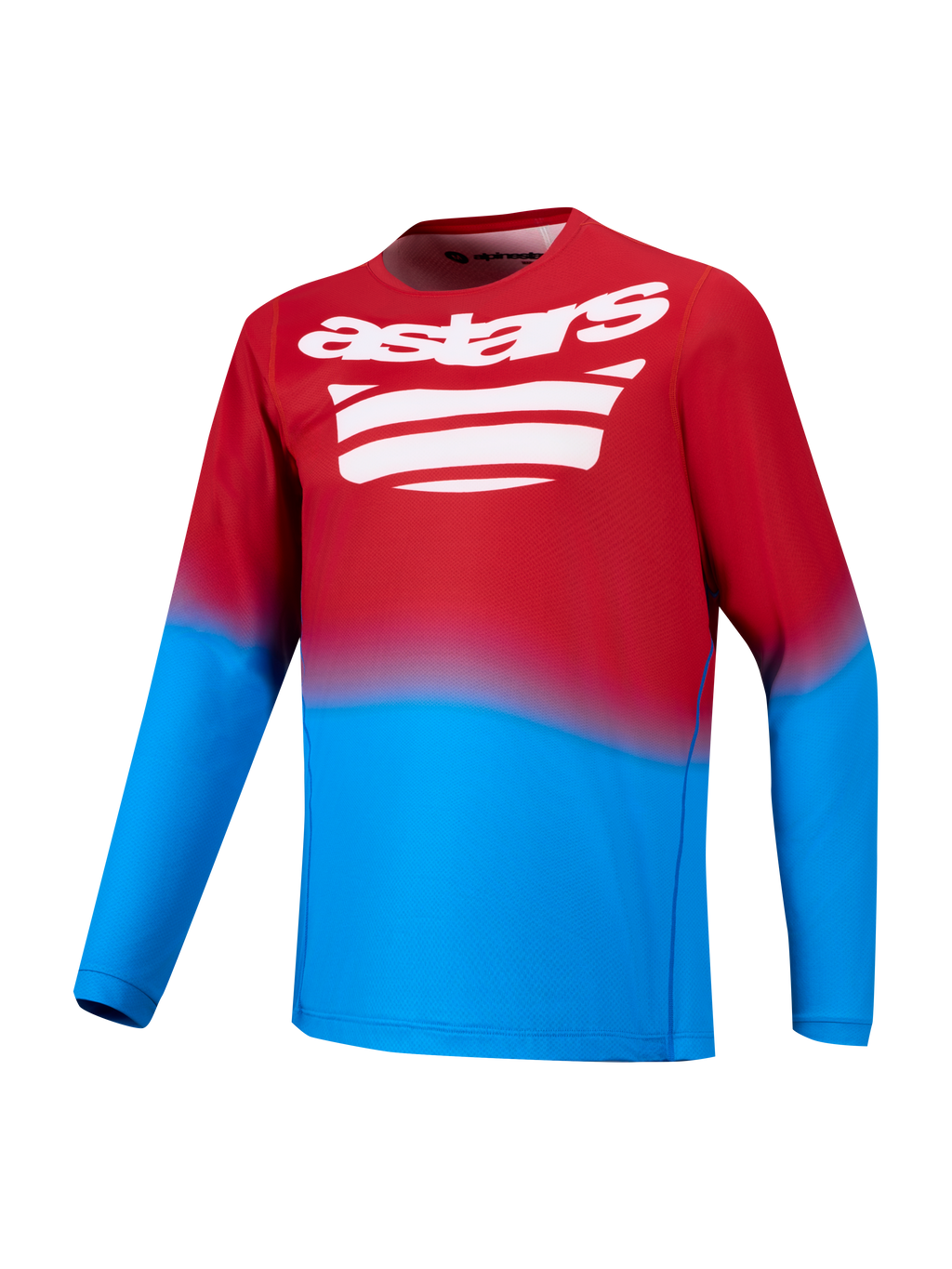 Klar rød og blå A-Dura ASTARS 2.0 langærmet MTB-trøje med hvidt grafisk logo på brystet.