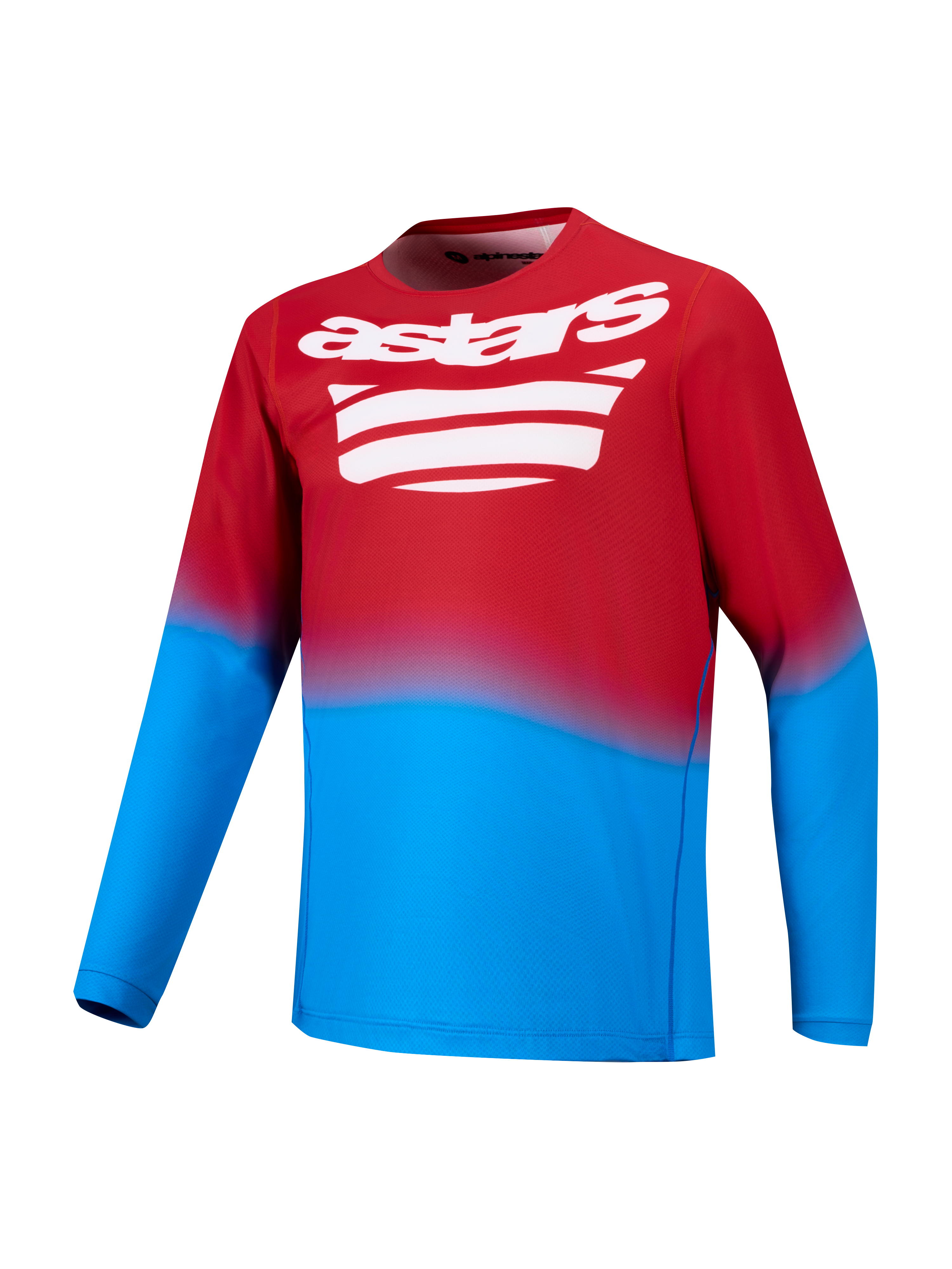 Klar rød og blå A-Dura ASTARS 2.0 langærmet MTB-trøje med hvidt grafisk logo på brystet.