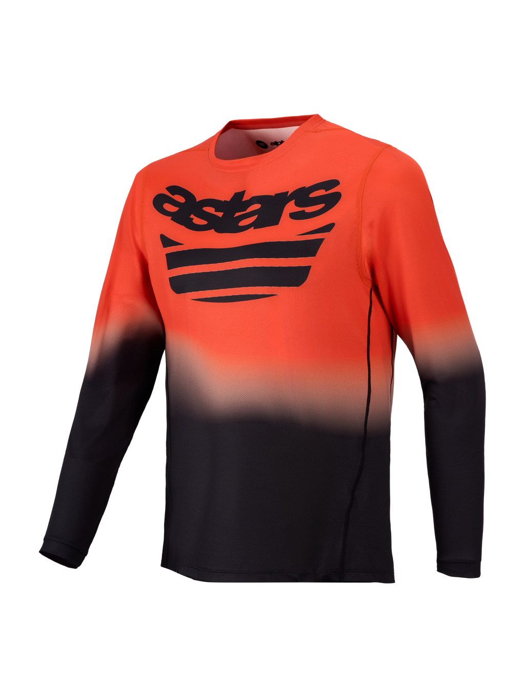 Alpines tars A-D ura ASTARS Jersey 2 .0, lang ærmet ora nge og sor t MTB-jer sey med gr adient-ton ing og bry stlogo.