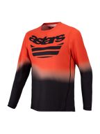 Alpines tars A-D ura ASTARS Jersey 2 .0, lang ærmet ora nge og sor t MTB-jer sey med gr adient-ton ing og bry stlogo.