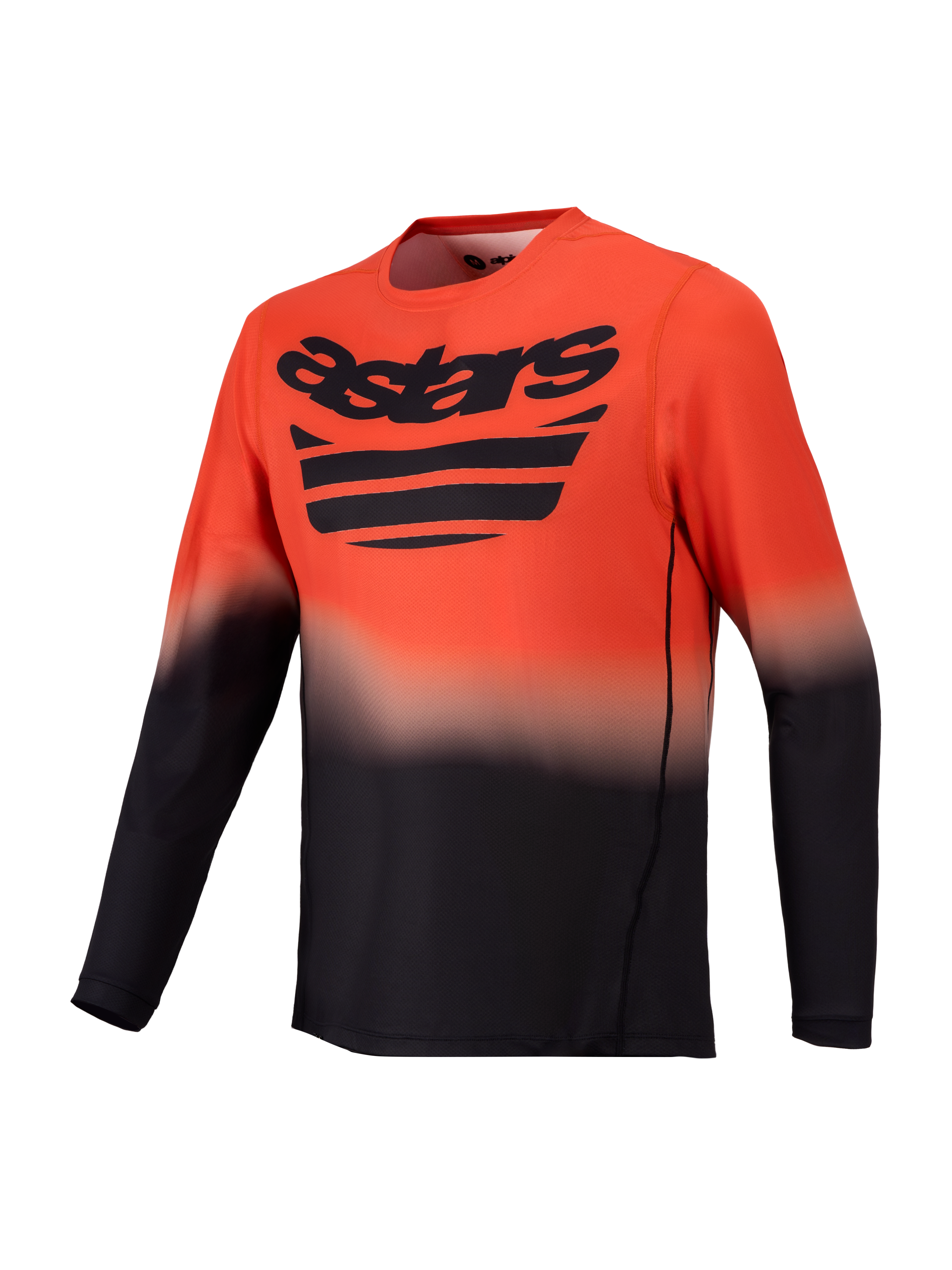 Alpines tars A-D ura ASTARS Jersey 2 .0, lang ærmet ora nge og sor t MTB-jer sey med gr adient-ton ing og bry stlogo.