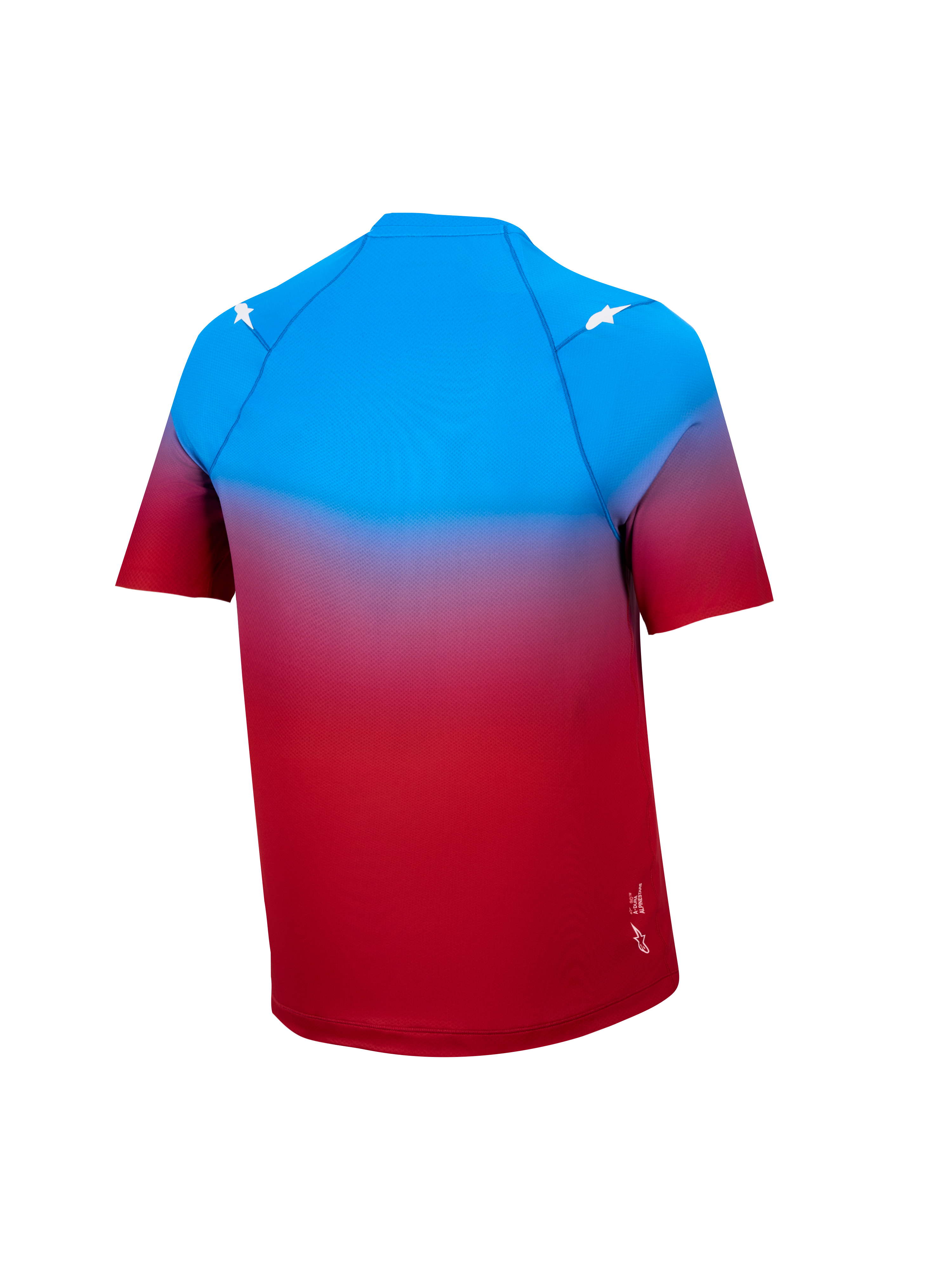 A-Dura ASTARS 2.0 kortærmet MTB-jersey i rød og blå graduering med hvide stjernedetaljer set bagfra.