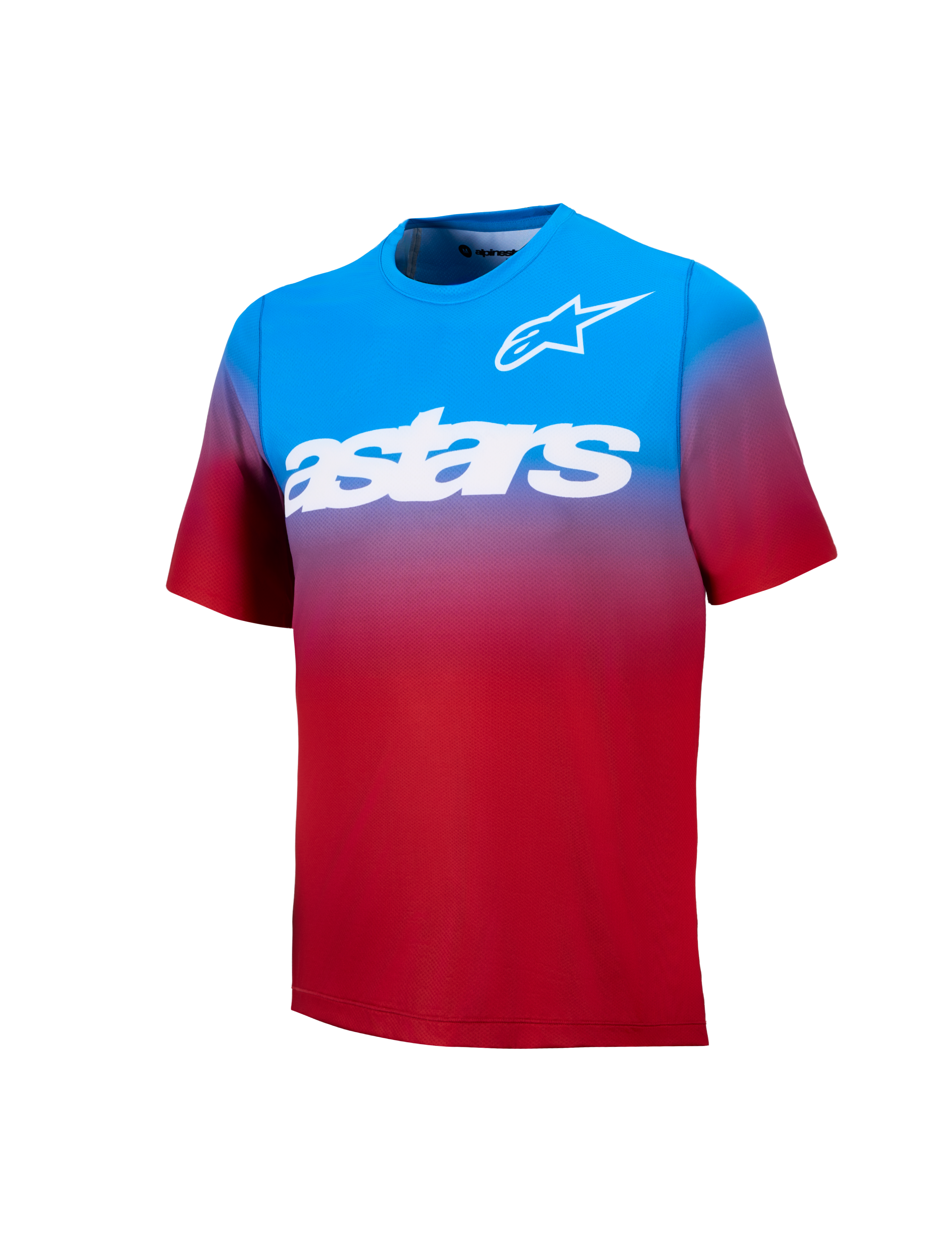 Alpinestars A-Dura ASTARS 2.0 kortærmet MTB-jersey i rød og blå gradient med markant hvid brystgrafik.