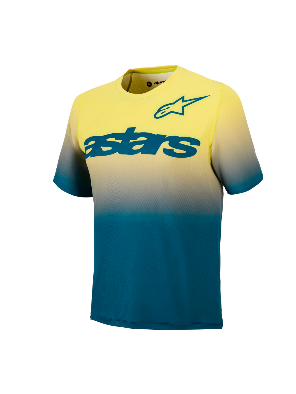 A-Dura ASTAR S Jerse y 2.0, k ortærme d MTB-tr øje i gu l fluo o g blågrø n gradie nt med m arkant b lågrønt logo på brystet. 