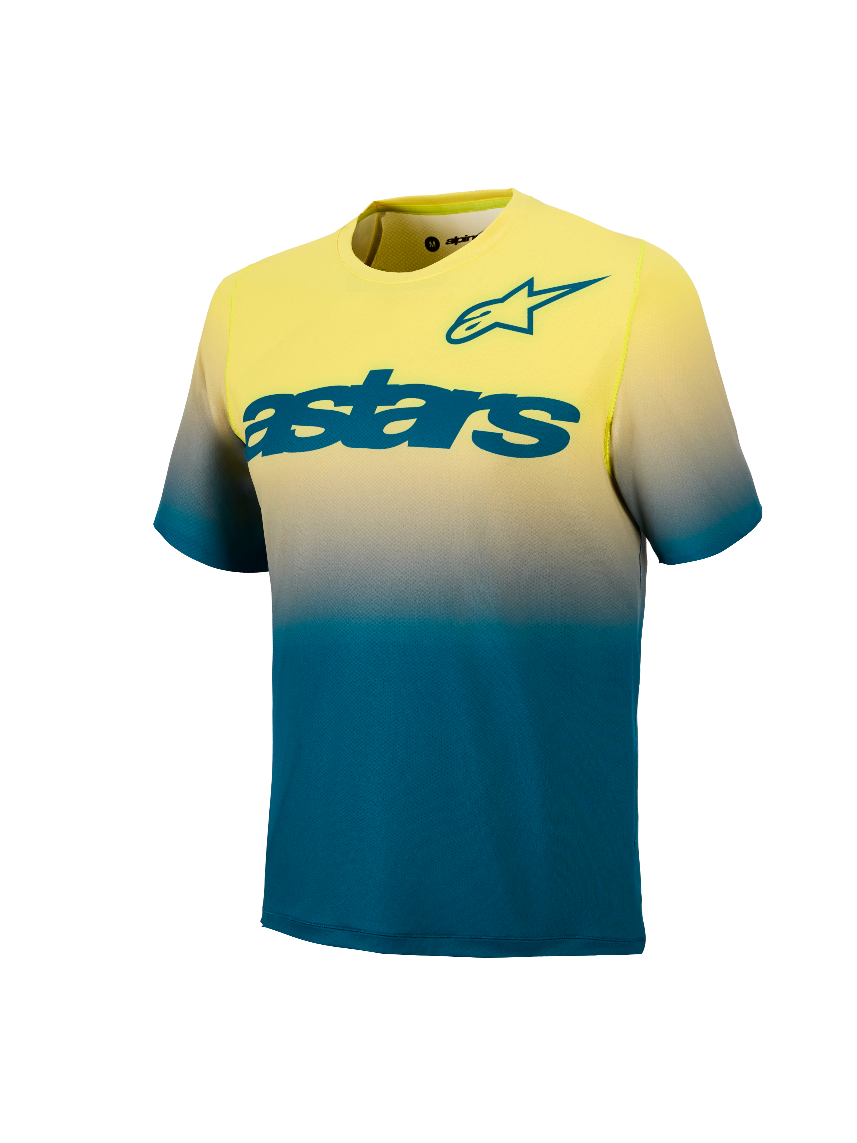 A-Dura ASTAR S Jerse y 2.0, k ortærme d MTB-tr øje i gu l fluo o g blågrø n gradie nt med m arkant b lågrønt logo på brystet. 