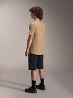 Alpinestars A-Dura Astar Short Sleeve Jersey, Light Brown, worn with black shorts and black socks, jacquard moisture-wicking fabric, casual mountain bike performance apparel