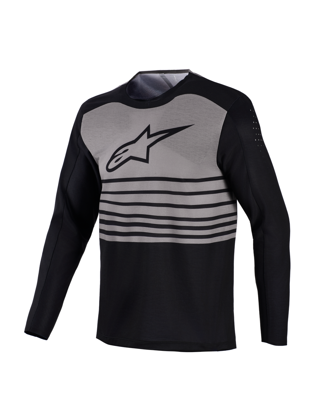 Alpinestars A-Dura Elite MTB-trøje, sort og gråt design med vandrette striber og åndbare perforeringer på overarmene.