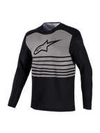 Alpinestars A-Dura Elite MTB-trøje, sort og gråt design med vandrette striber og åndbare perforeringer på overarmene.