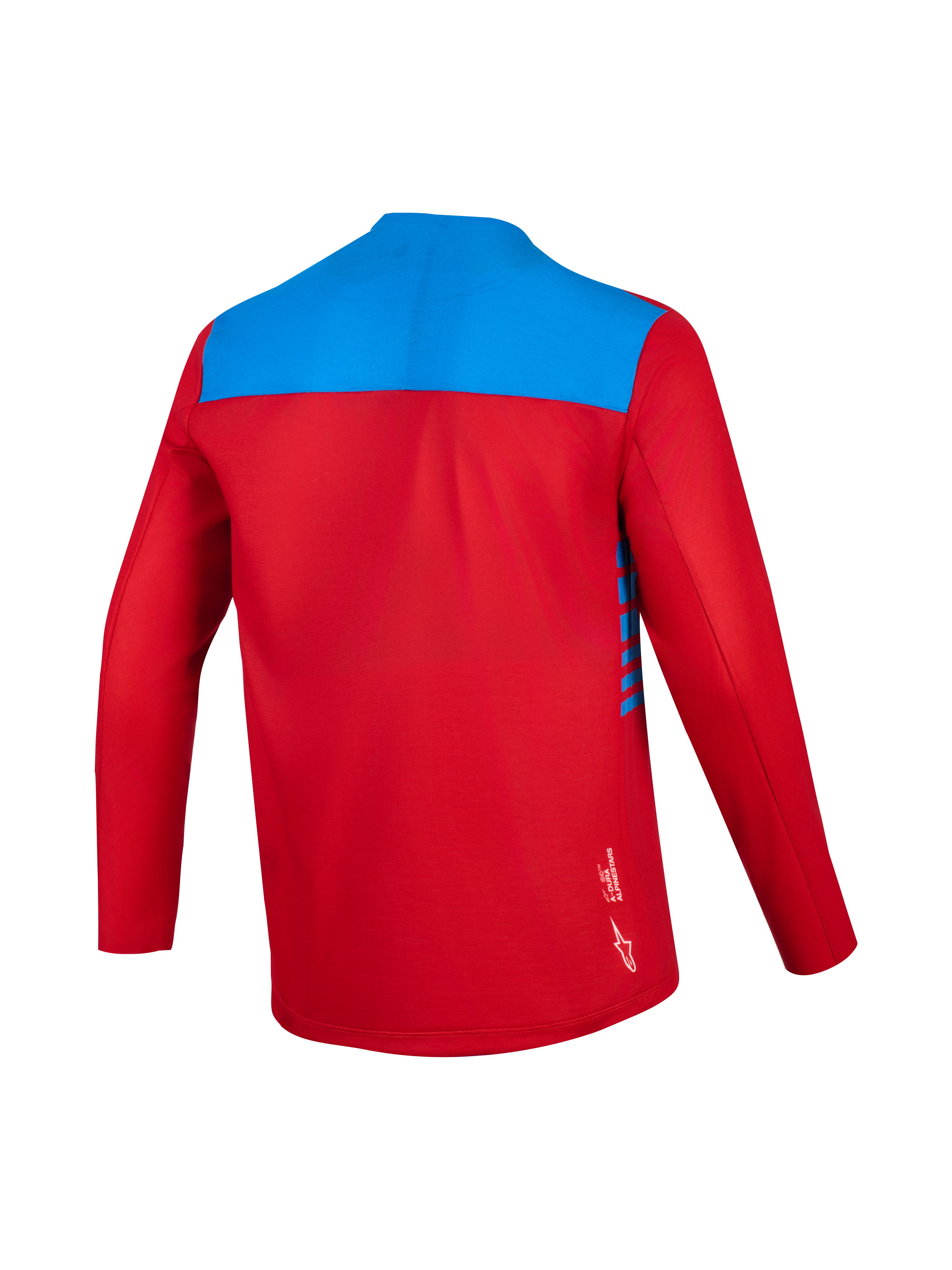 Alpinestars A-Dura Elite Trøje 2.0, rød og blå, set bagfra med svedtransporterende og åndbart trail-stof.