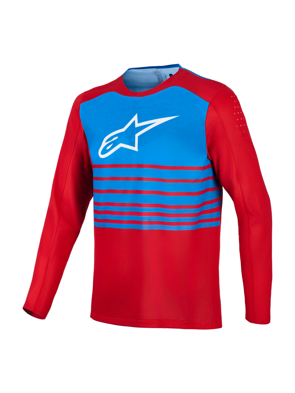 Rød og blå A-Dura Elite 2.0 langærmet MTB-trøje med hvidt Alpinestars brystlogo og ventilation på biceps.