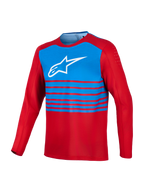 Rød og blå A-Dura Elite 2.0 langærmet MTB-trøje med hvidt Alpinestars brystlogo og ventilation på biceps.