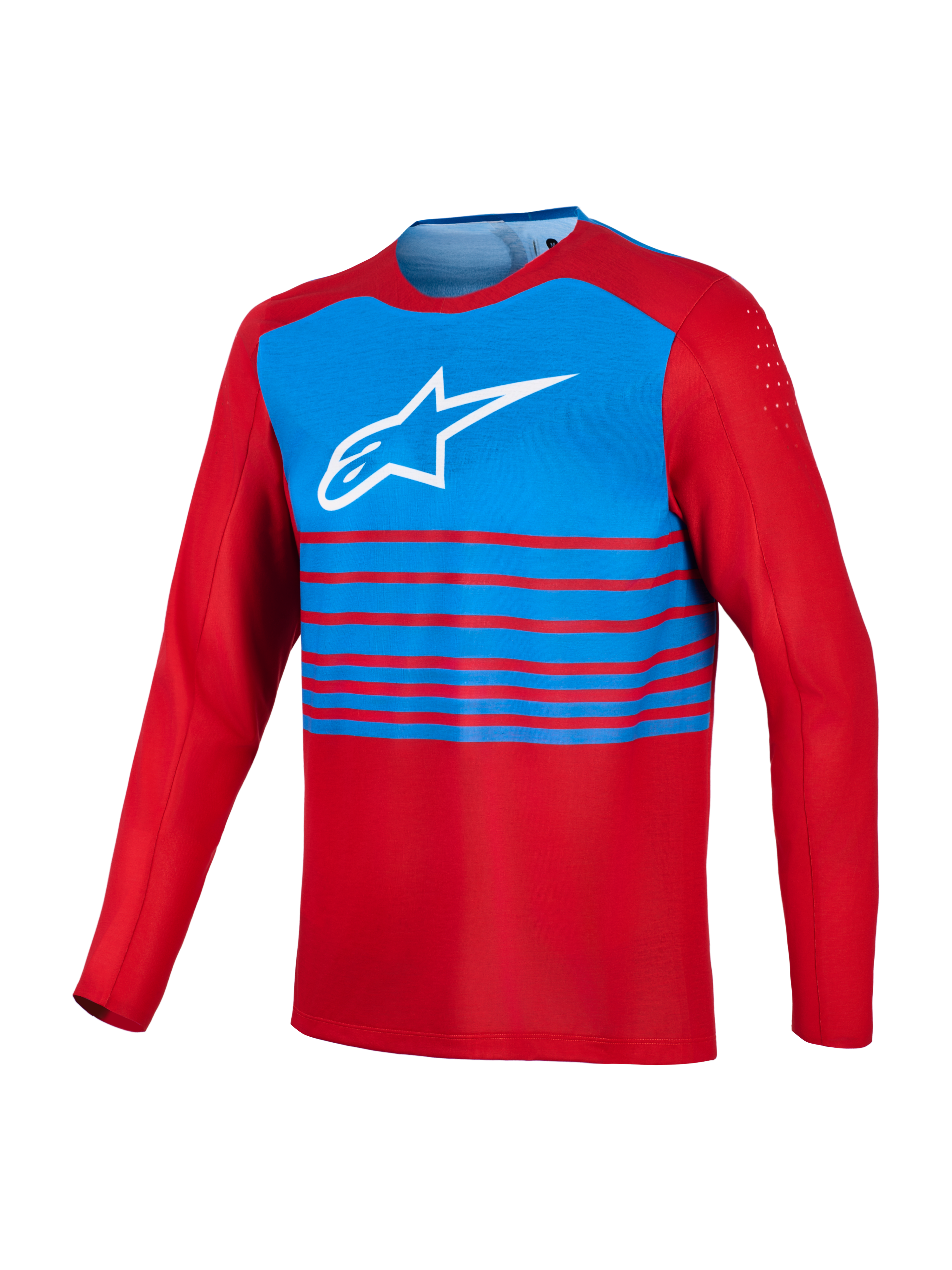 Rød og blå A-Dura Elite 2.0 langærmet MTB-trøje med hvidt Alpinestars brystlogo og ventilation på biceps.