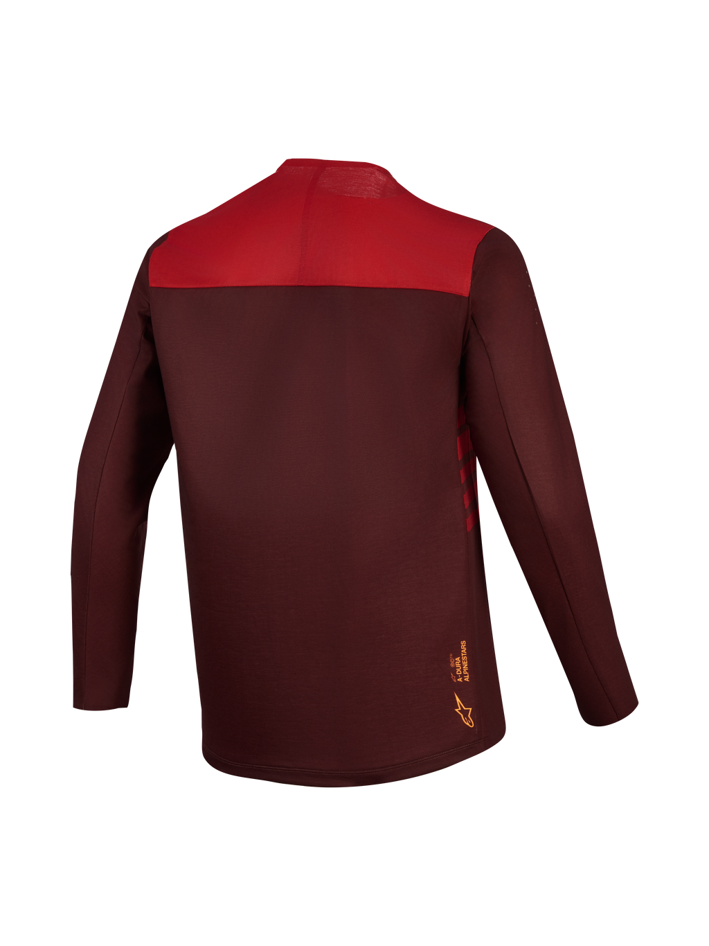 A-Dura Elite trøje 2.0, bordeaux og rød langærmet MTB-jersey med farveopdelt ryg og forlænget bagkant.