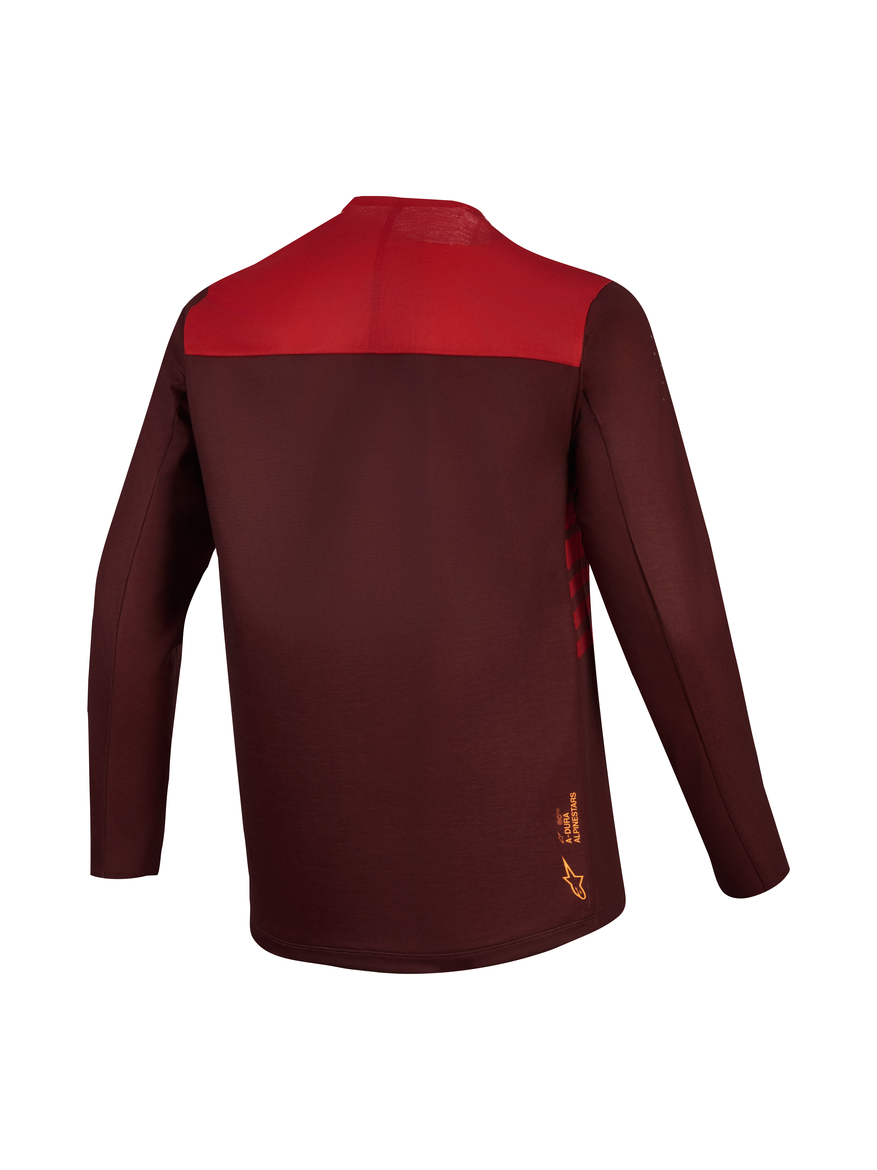 A-Dura Elite trøje 2.0, bordeaux og rød langærmet MTB-jersey med farveopdelt ryg og forlænget bagkant.