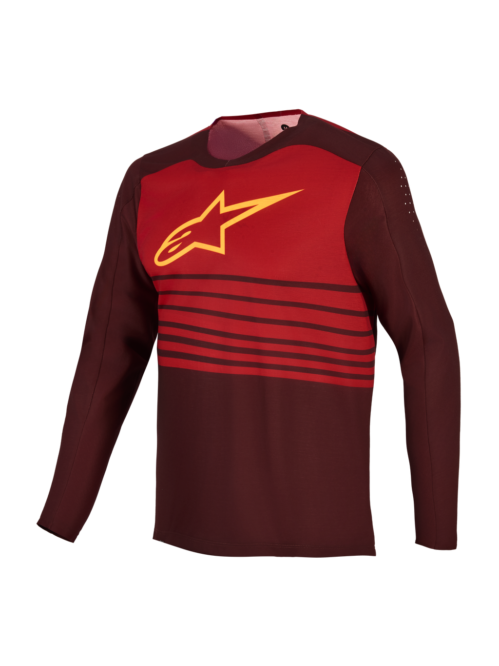A-Dura Elite 2.0 langærmet MTB-trøje i bordeaux med gult Astars-logo, rødt brystpanel og ventileret polyester.