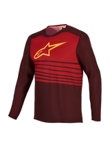 A-Dura Elite 2.0 langærmet MTB-trøje i bordeaux med gult Astars-logo, rødt brystpanel og ventileret polyester.